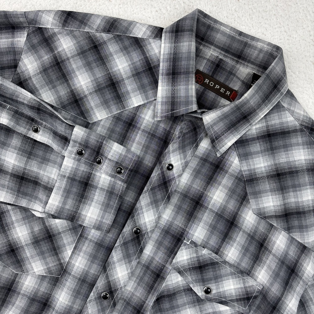 ROPER Mens Long Sleeve Pearl Snap‎ Shirt Large Gray Black Wicking Cowboy Western